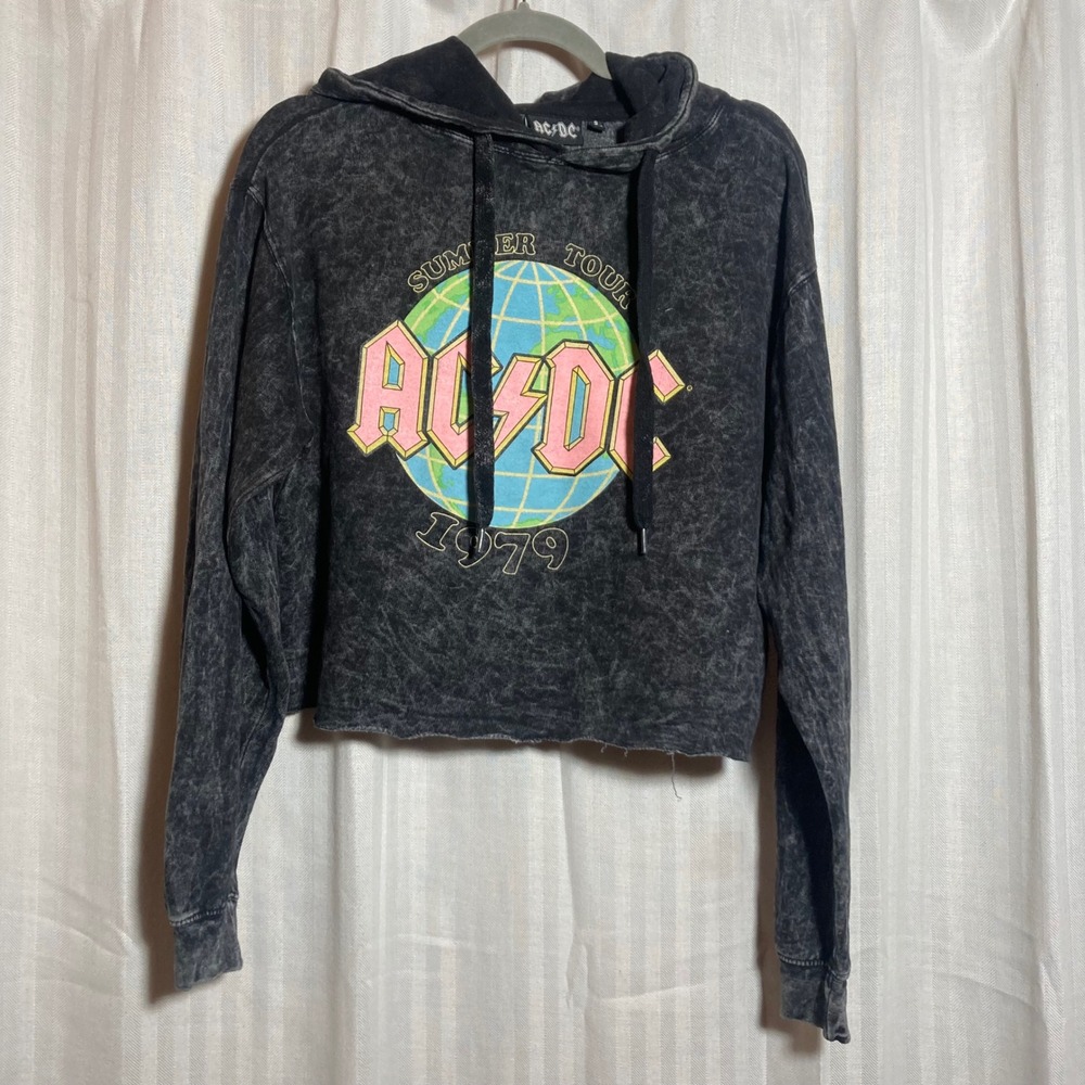 AC/DC Summer Tour 1979 Acid Wash Cropped Hoodie Charcoal Grey S Retro Style Rock